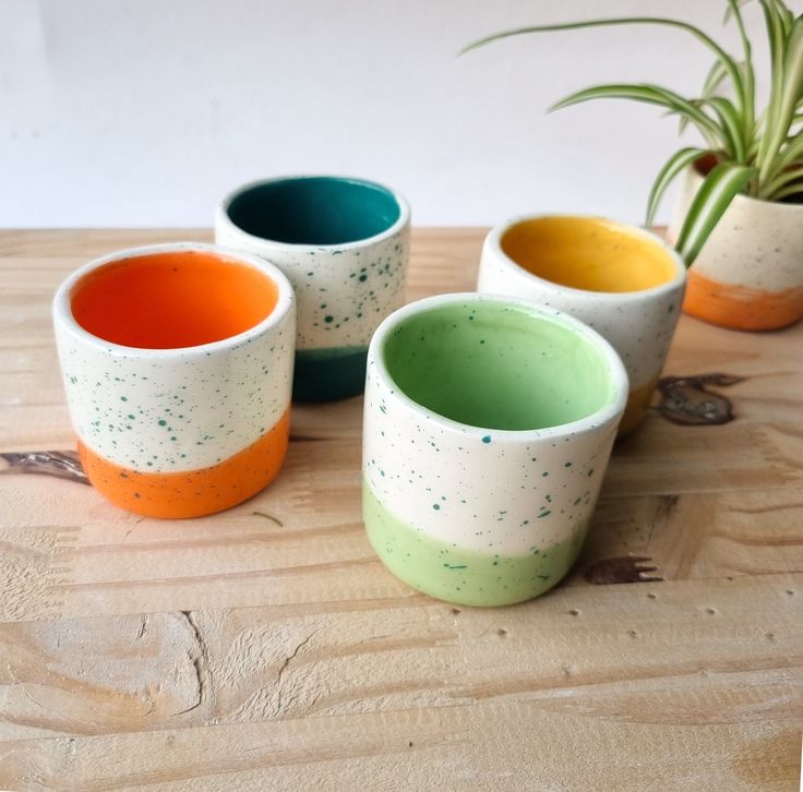 four different colored cups sitting on top of a wooden table next to a potted plant