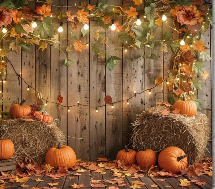 two hay bales with pumpkins and lights on them