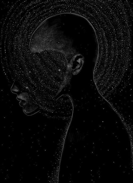 a black and white drawing of a man's face with stars in the background