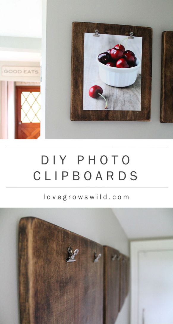 the diy photo clipboards are made from wood and have pictures hanging on them