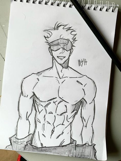 a pencil drawing of a man with glasses on his face and chest, standing in front of a notepad