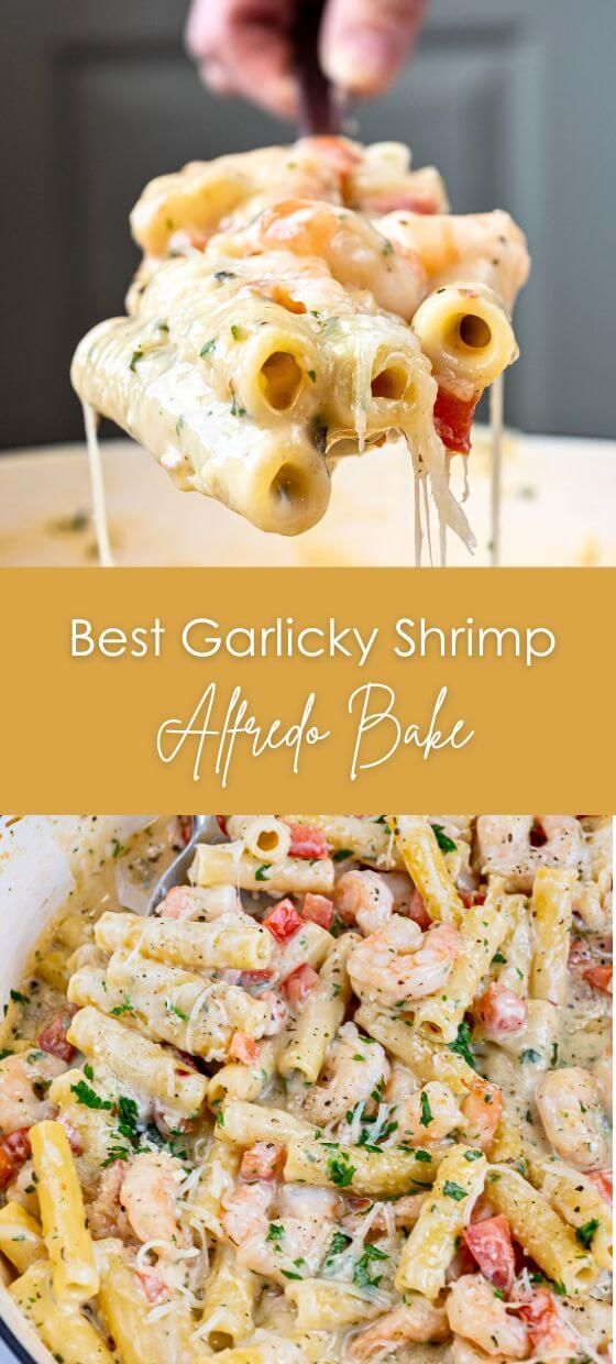 the best creamy shrimp alfredo bake recipe is in this collage, and it's ready to be eaten