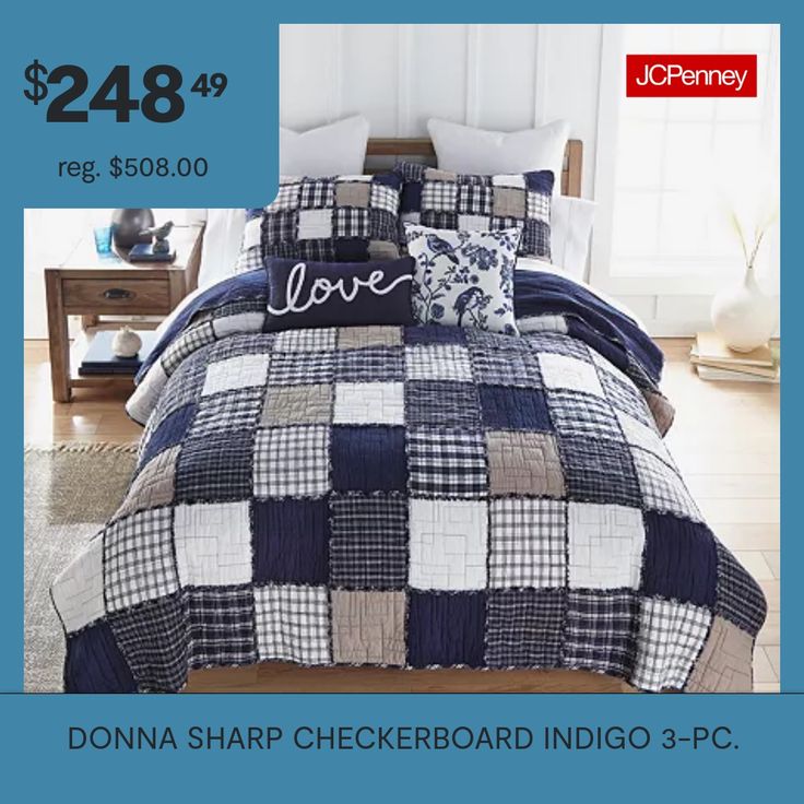 a bed with blue and white checkered bedspread