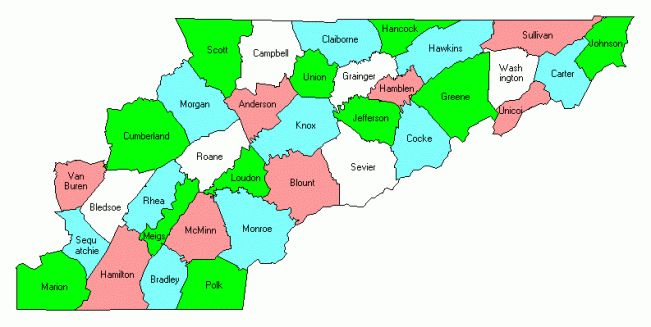 a map of the state with all states and their respective countys highlighted in green