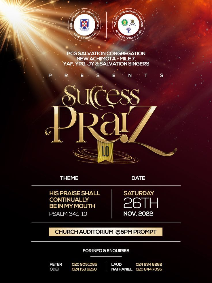 an event poster with the words success pray on it