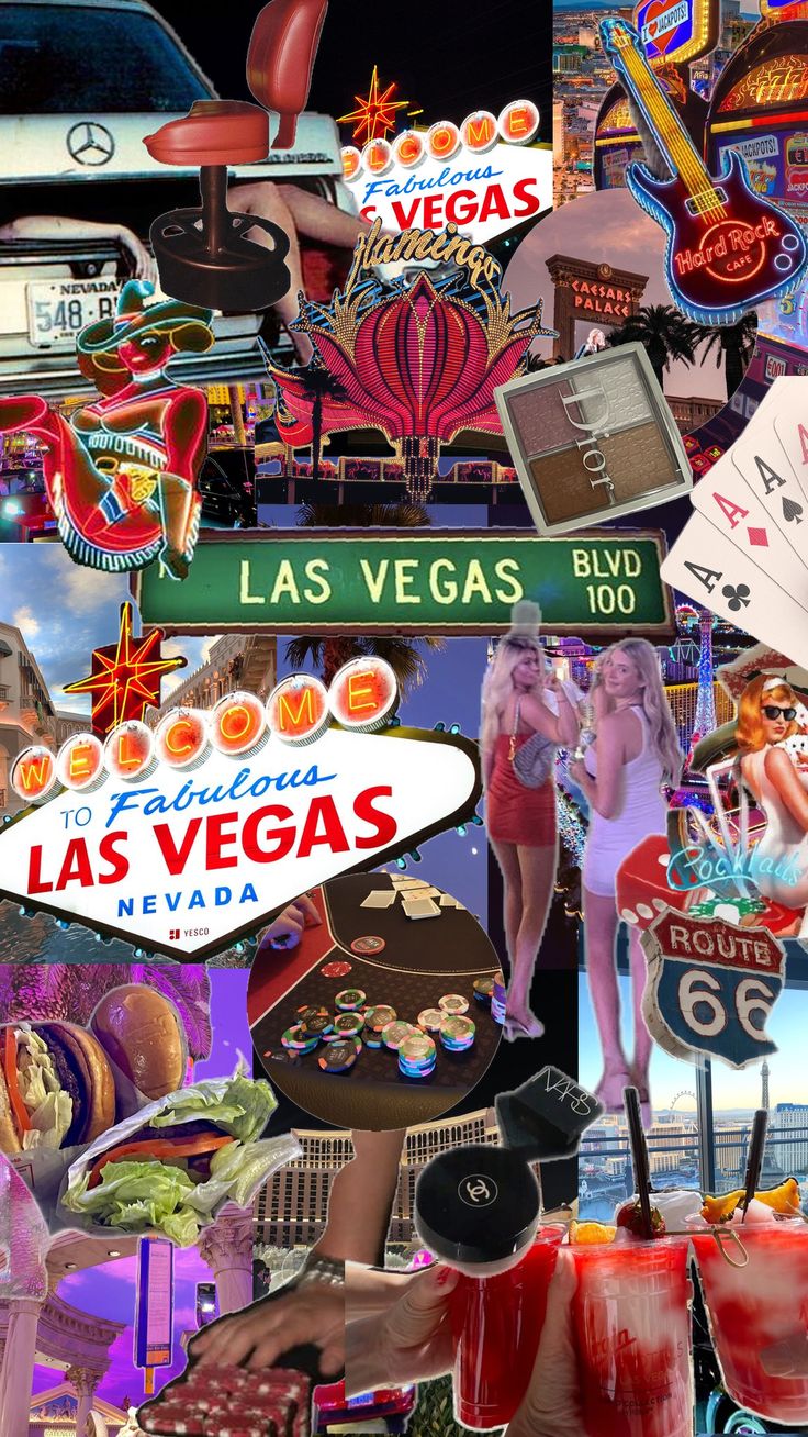 a collage of las vegas signs and photos