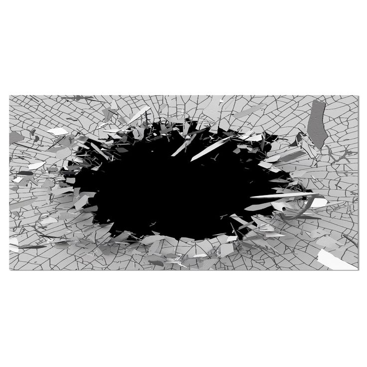 a black hole in the middle of a cracked glass wall with broken pieces on it