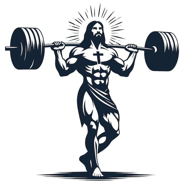 a man with a barbell in his hand and the cross behind him is drawn