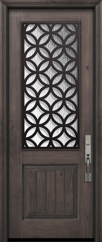 the front door is made from wood and has an iron grille design on it's side