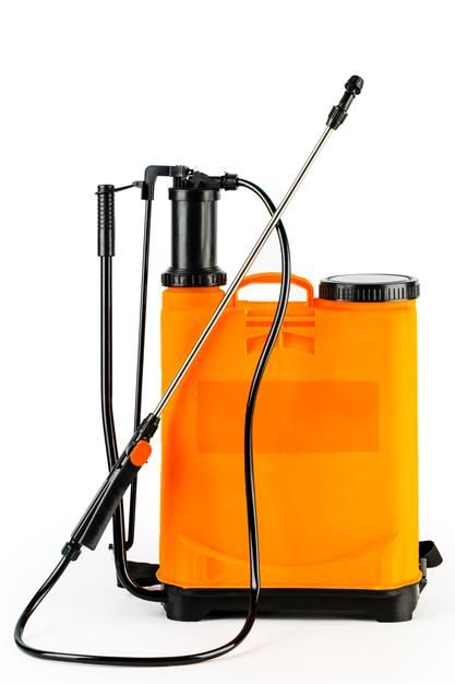 an orange canister with a black hose attached to it and a sprayer on the side