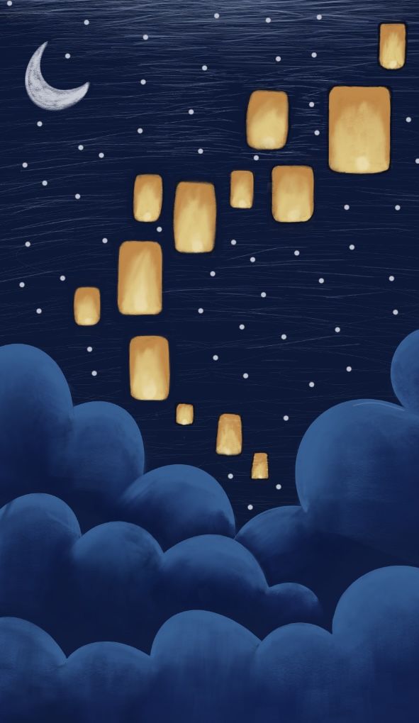 the sky is filled with paper lanterns floating in the air above the clouds at night