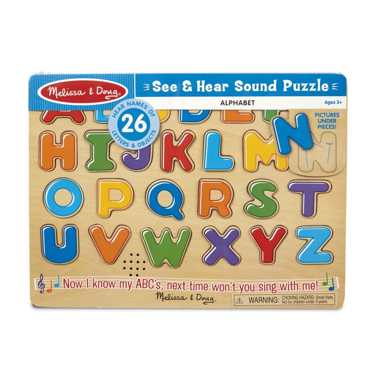 the wooden alphabet puzzle is shown in front of a white background