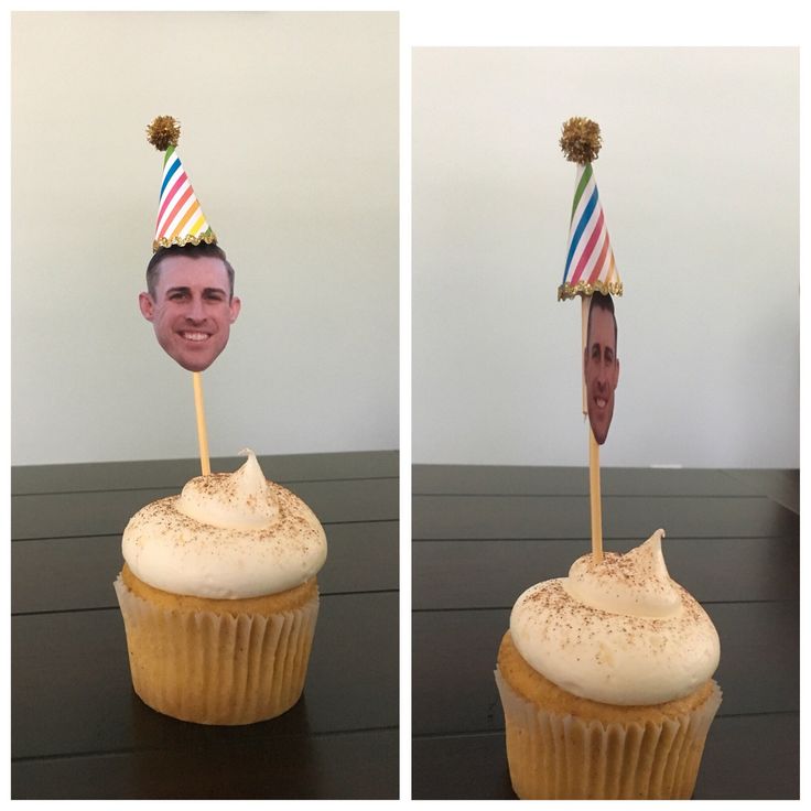 two pictures of a cupcake with a man's head sticking out of it