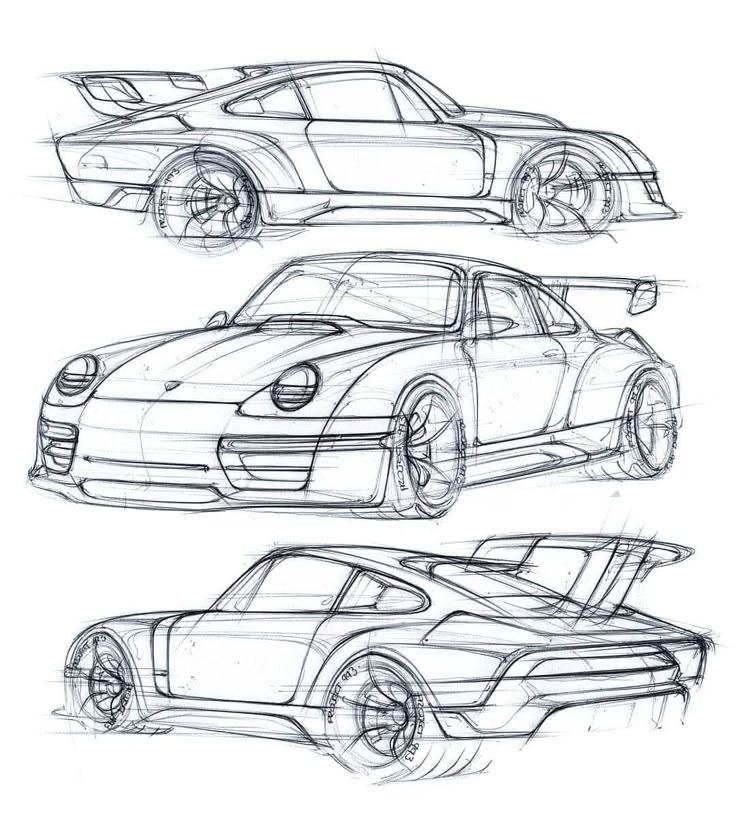 three different cars are shown in this drawing