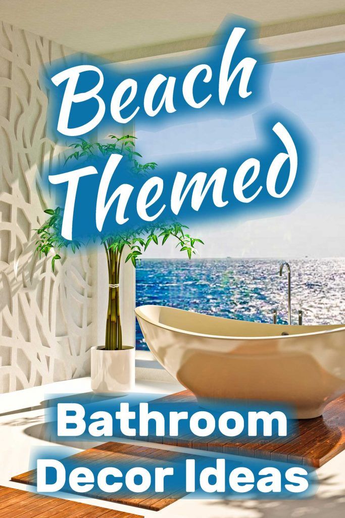 bathroom decor ideas beach themed bathtub and palm tree in front of the ocean with text overlay