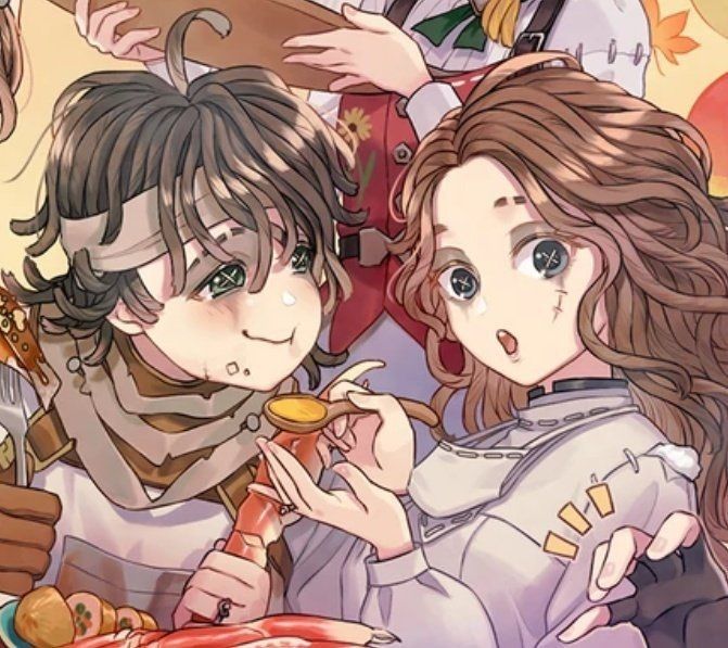 two anime characters are eating food together