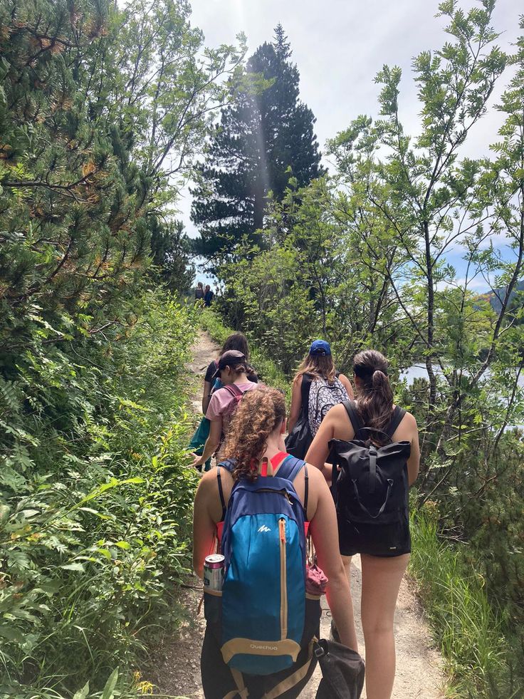 group of people walking up a trail in the woods with backpacks on their backs