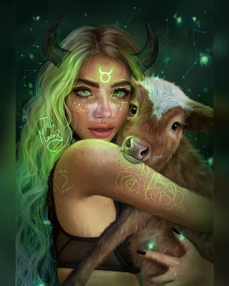 a painting of a woman holding a cow with green hair and horns on her head