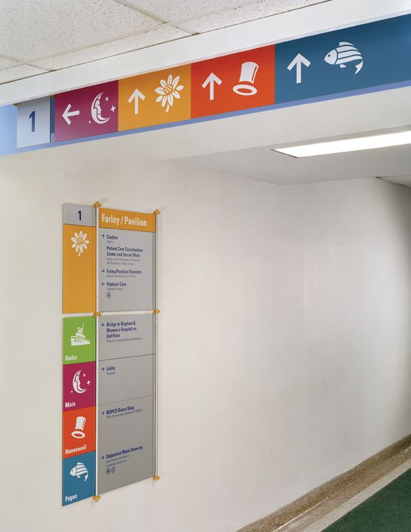 an image of a hospital hallway with signs on the wall and directions to different locations