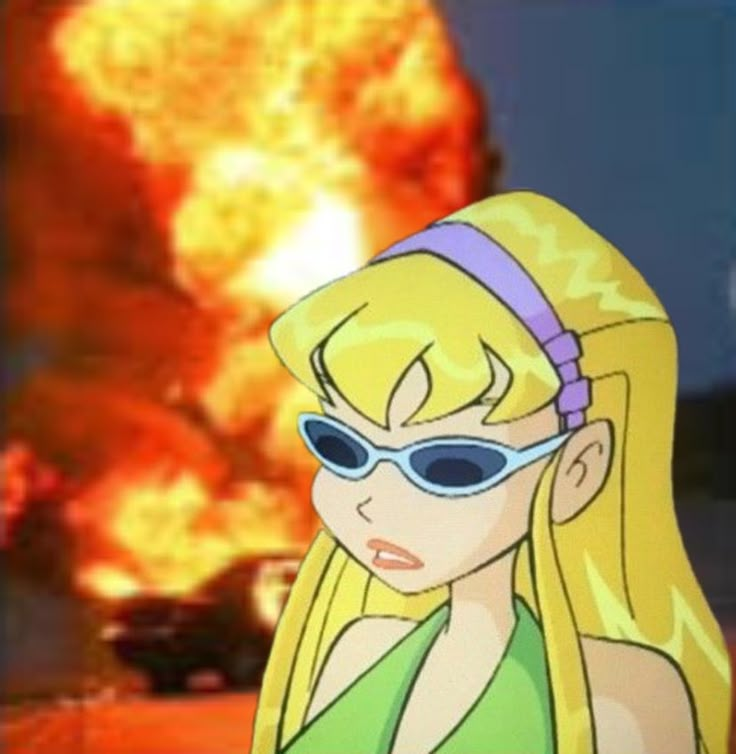 a cartoon girl with sunglasses on in front of a large fire and flames behind her