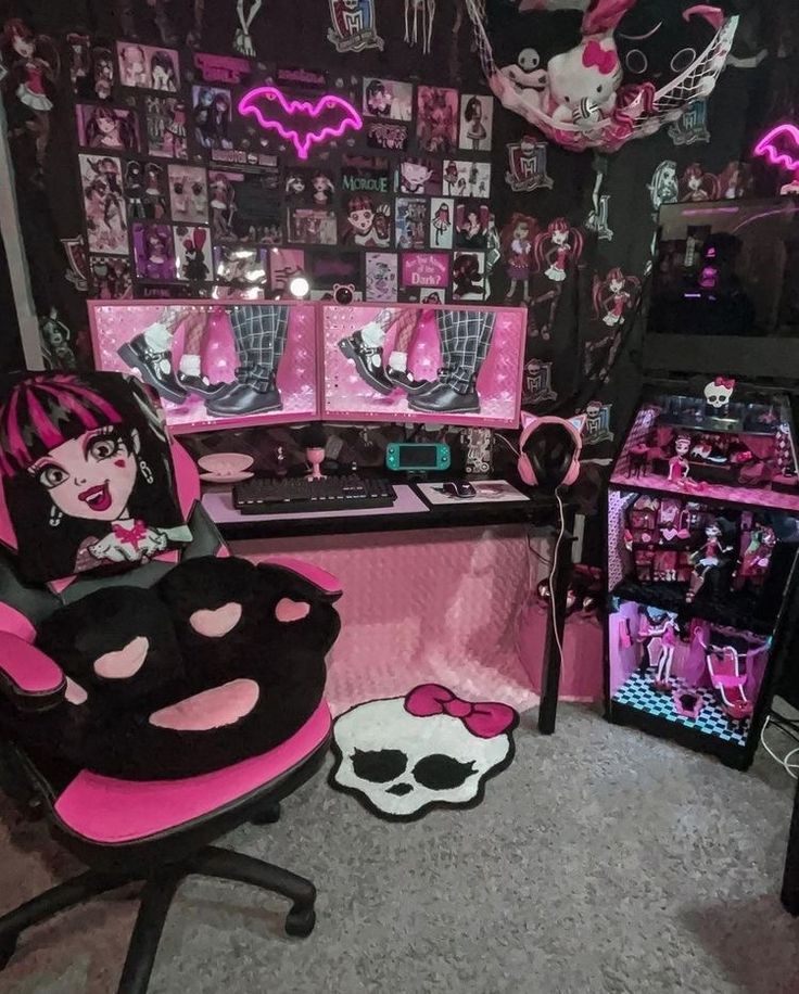 a room filled with pink and black items