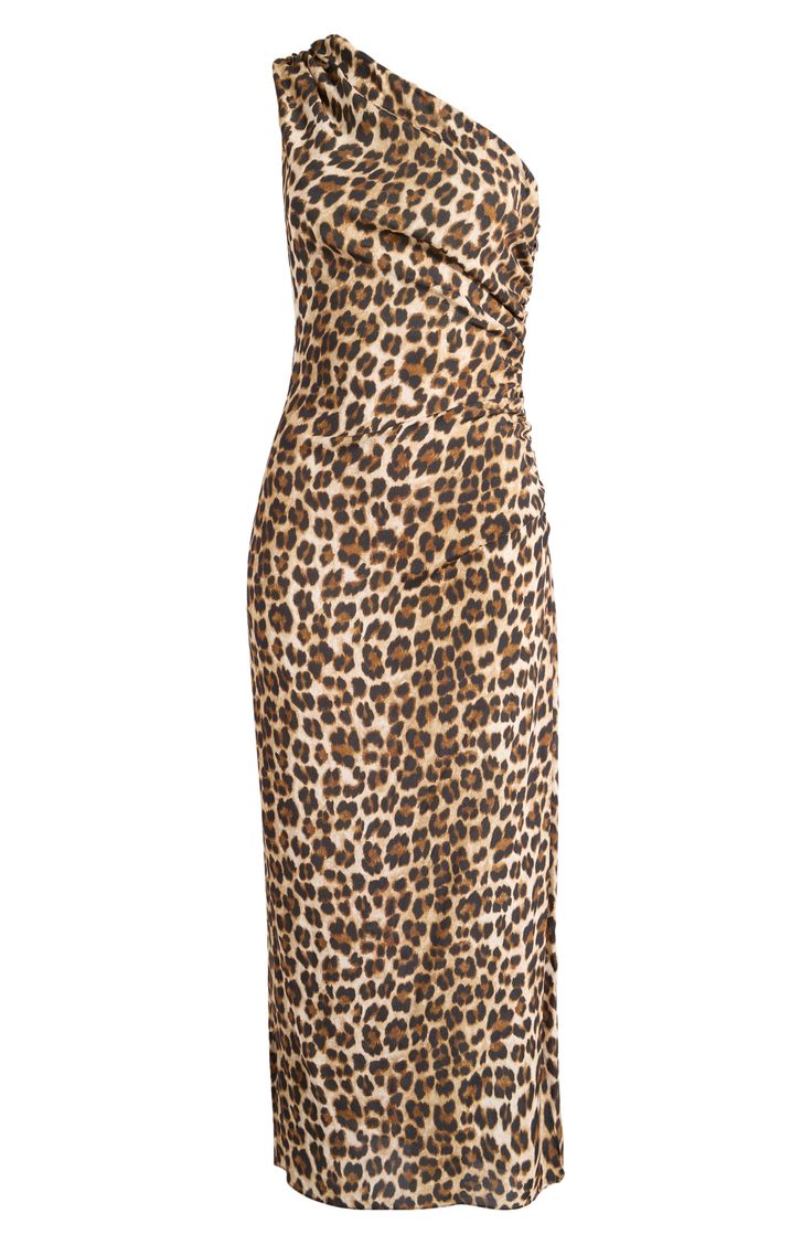 Striking leopard spots embolden this shoulder-baring dress accented with soft pleats. One-shoulder neck Lined 100% viscose Dry clean Imported Chic Leopard Print Midi Dress, Elegant Leopard Print Midi Dress, Elegant Sleeveless Leopard Print Midi Dress, Leopard Print Maxi Dress, Red Cocktail Dress, Leopard Dress, Khaki Dress, Leopard Print Dress, Ribbed Dresses