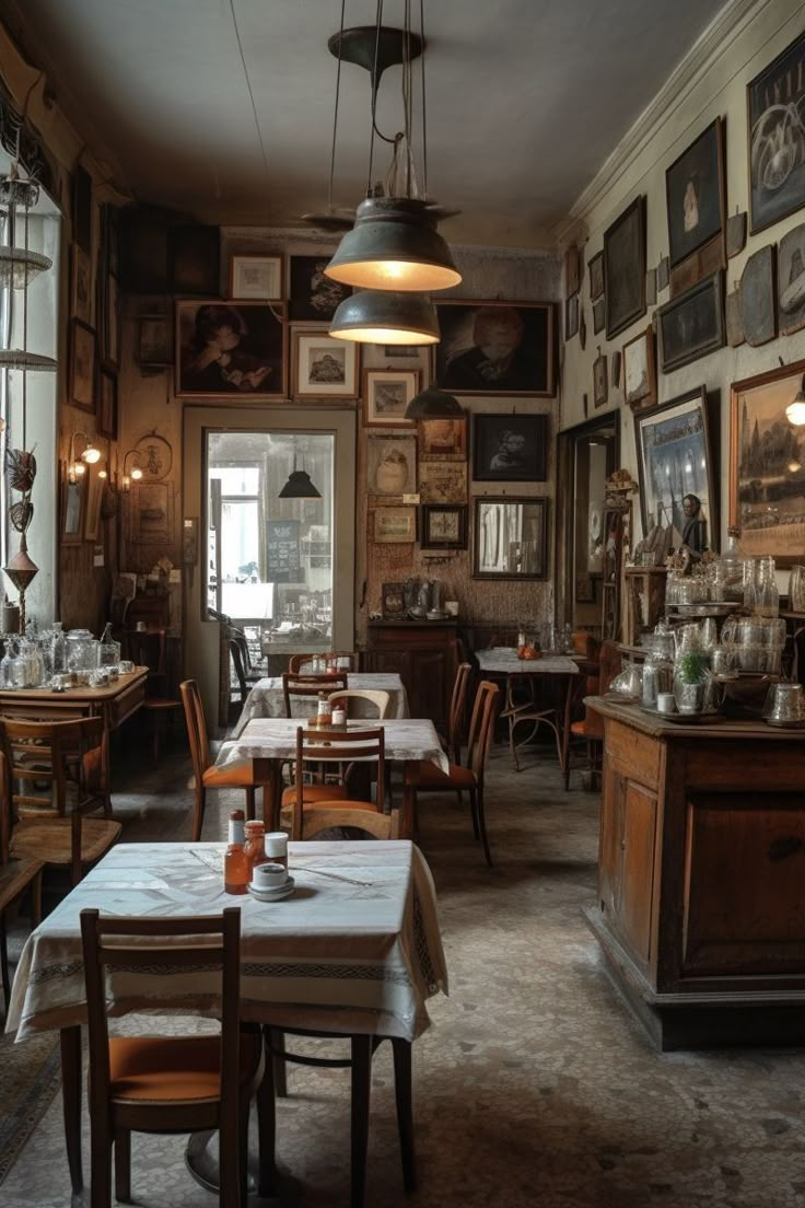 an old fashioned restaurant with many tables and chairs