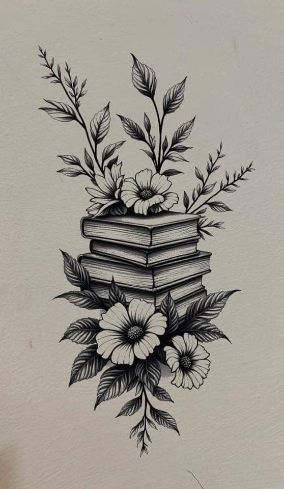 a drawing of books with flowers and leaves on top of each book is in the shape of a stack of books