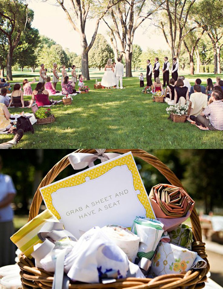 two pictures of people sitting in the grass at a wedding and one has a basket full of items