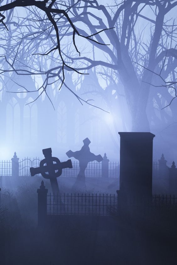 a cemetery with tombstones and crosses in the fog at night, surrounded by trees