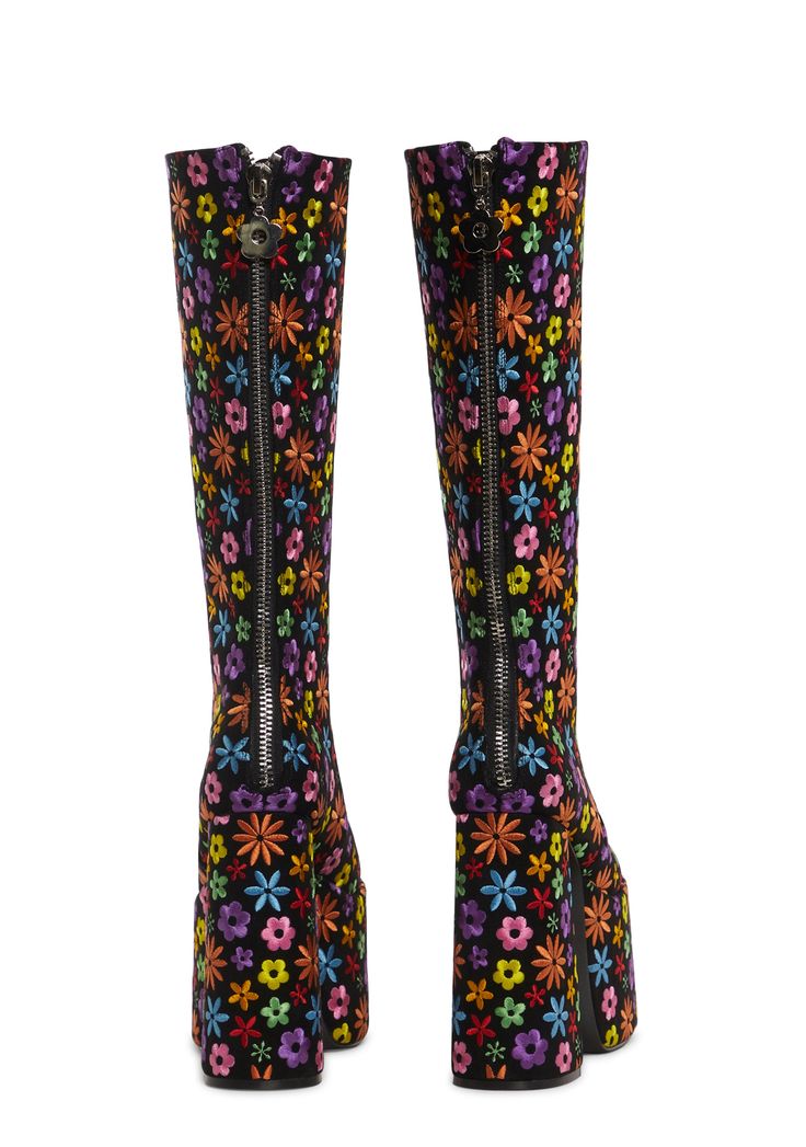 These knee high boots have a faux suede construction with an all-over floral embroidered design, a round toe, a platform sole, and a back zipper closure with a daisy charm zipper pull. Spring Knee-high Boots With Zipper Closure, 60s Gogo Boots, Gogo Boots Outfit, Faux Fur Outfit, Summer Boots Outfit, Dolls Kill Shoes, Current Mood Clothing, Knee High Platform Boots, Goth Shoes