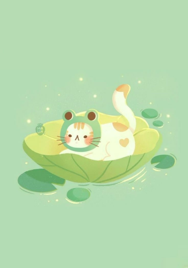 a cat laying on top of a leaf in the water with lily pads around it