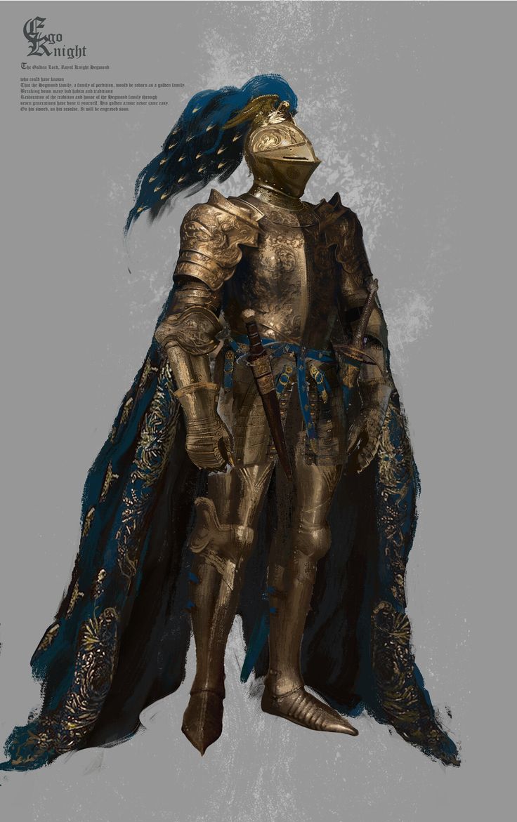 a golden knight with blue feathers standing in front of a gray background