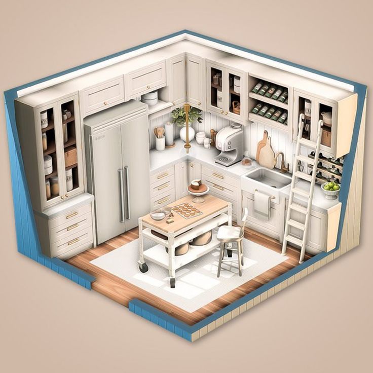 an open kitchen with white cabinets and wooden flooring is shown in this 3d image