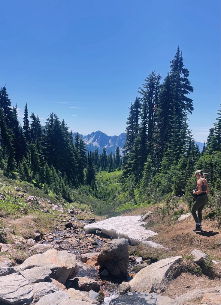 a person hiking up a rocky trail in the mountains with trees and rocks on either side