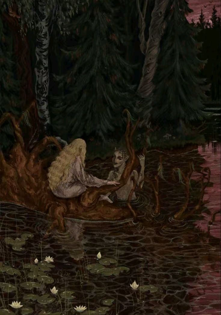 a painting of a woman sitting on top of a tree in the woods next to water