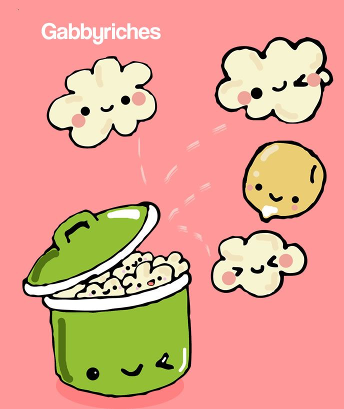 a green pot filled with popcorn next to clouds and smiling faces on a pink background