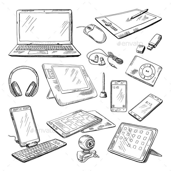 various electronic devices and gadgets are shown in this black and white drawing - miscellaneous objects