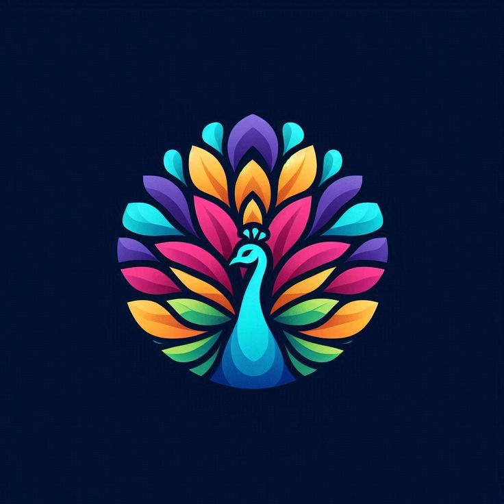 a colorful peacock logo on a dark background