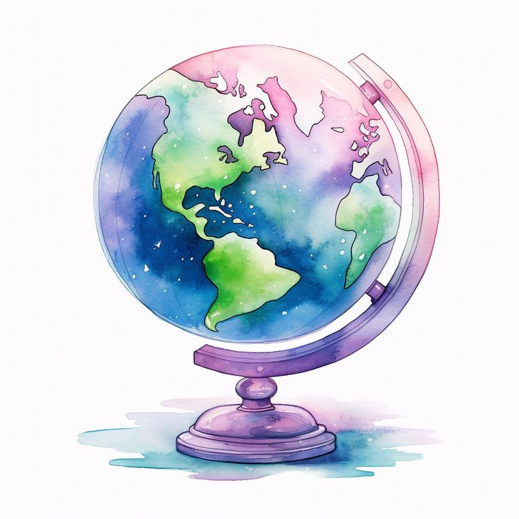 a watercolor drawing of the earth on a stand with blue, green and pink colors