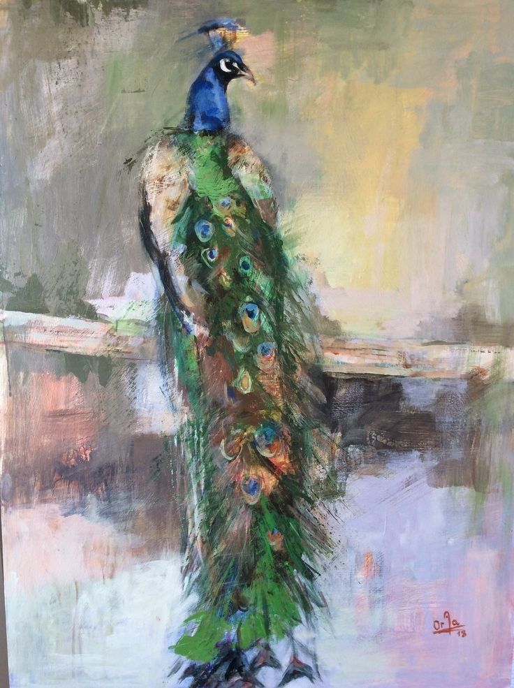 a painting of a peacock standing on a ledge