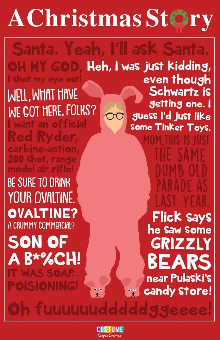 a christmas story poster with an image of a person in a pink bunny suit and glasses