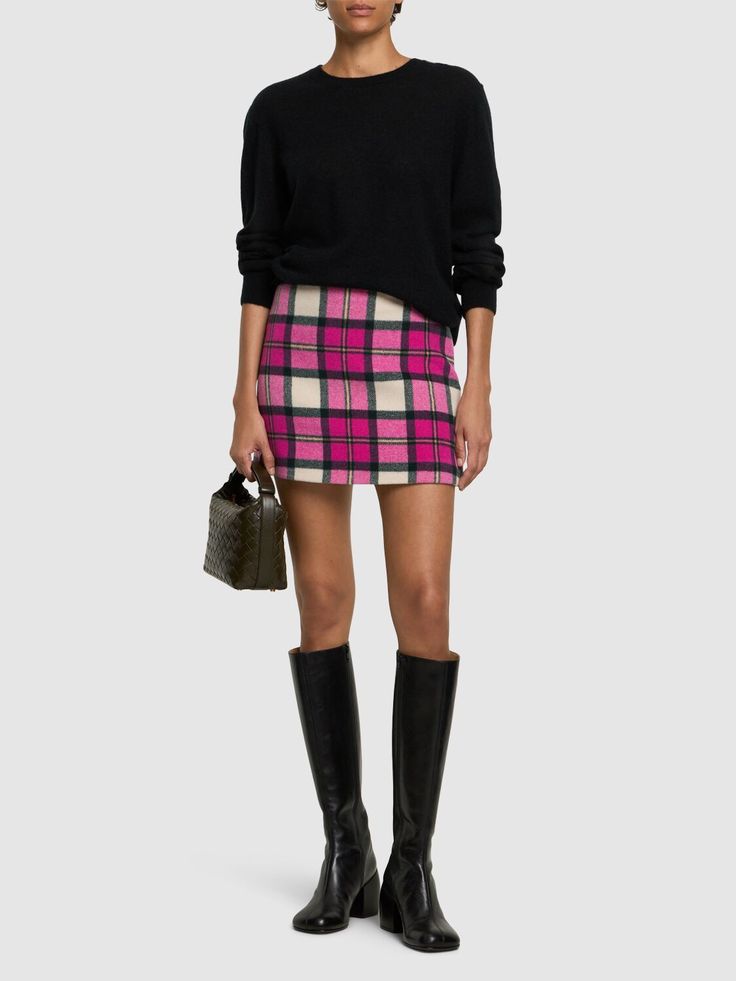 Concealed zip closure. All over pattern placement may vary. Model is wearing a size38 Tartan Mini Skirt, Designer Skirts, All Over Pattern, Denim Skirts, Formal Casual, Formal Outfit, Flat Espadrilles, Swim Accessories, Skirt Design