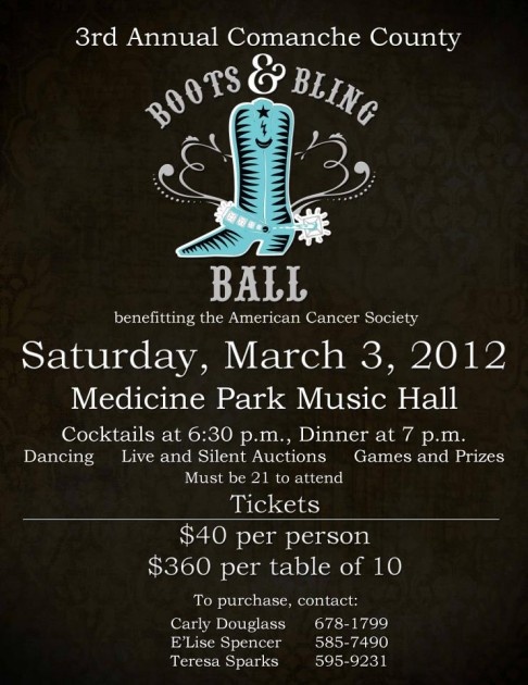 an event poster for boots and bling ball at the medicine park music hall on march 3, 2012