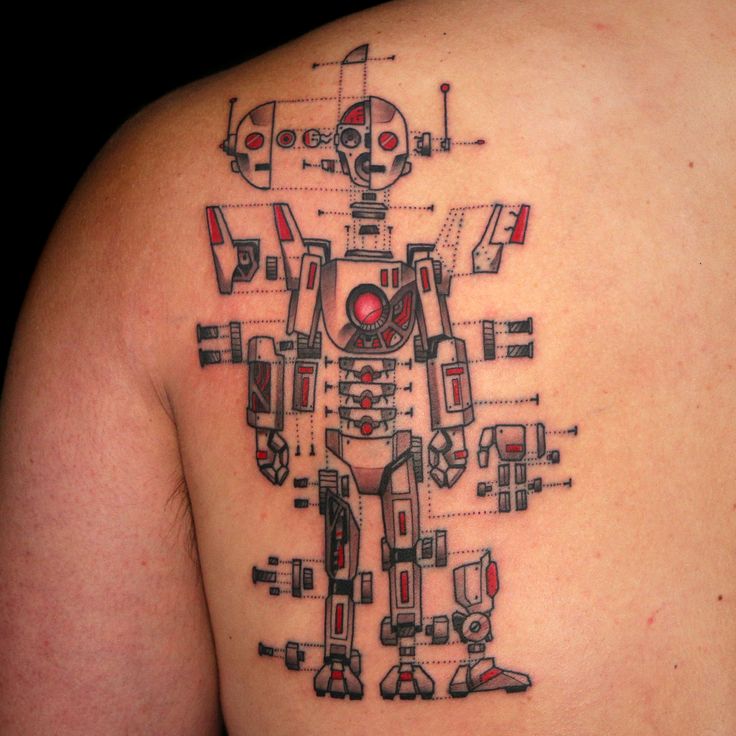 Robot Tattoo by Bob Jones Robot Tattoo Ideas, Schematic Tattoo Ideas, Architectural Tattoos, Robot Tattoo Design, Schematic Tattoo, Degree Tattoo, Bob Tattoo, Nerd Tattoos, Robot Tattoo