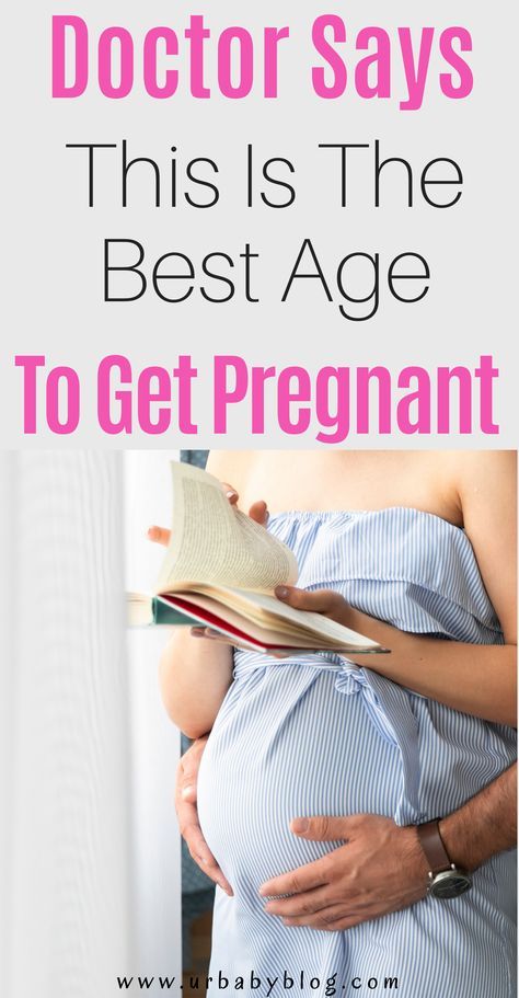 a pregnant woman with her stomach wrapped around the belly, reading a book and text overlaying doctor says this is the best age to get pregnant