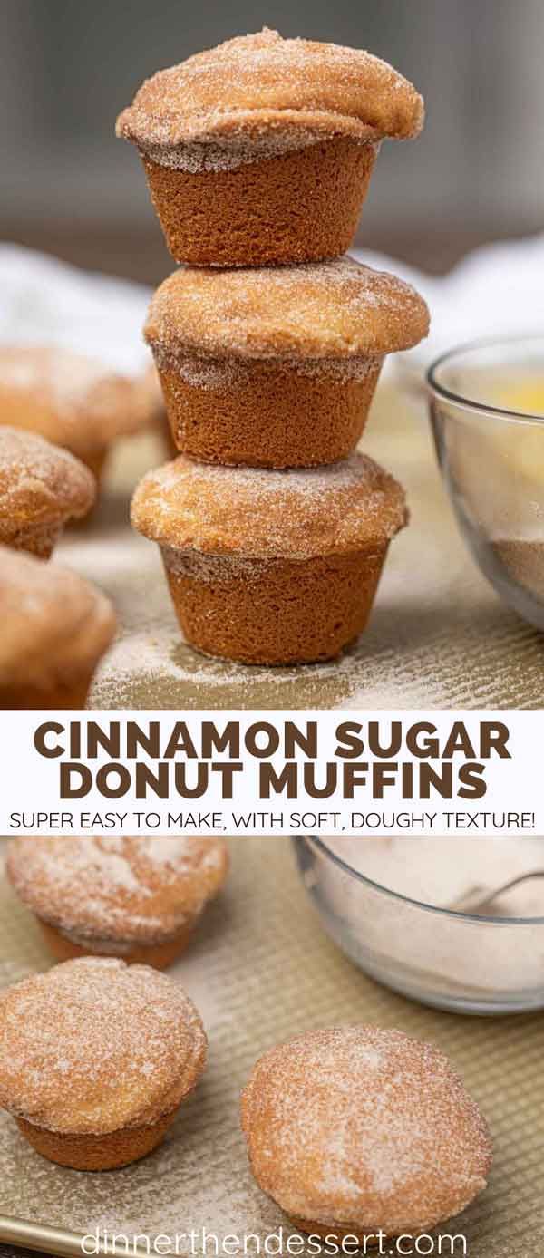 cinnamon sugar donut muffins stacked on top of each other in front of a bowl