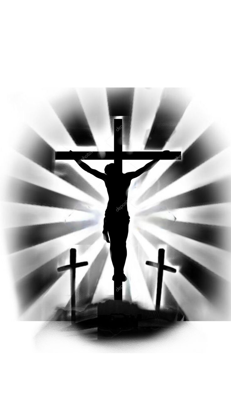 a black and white photo of a person on the cross with rays coming from behind