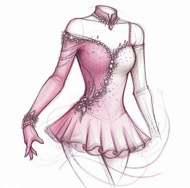 a drawing of a woman's dress in pink, with long sleeves and beading