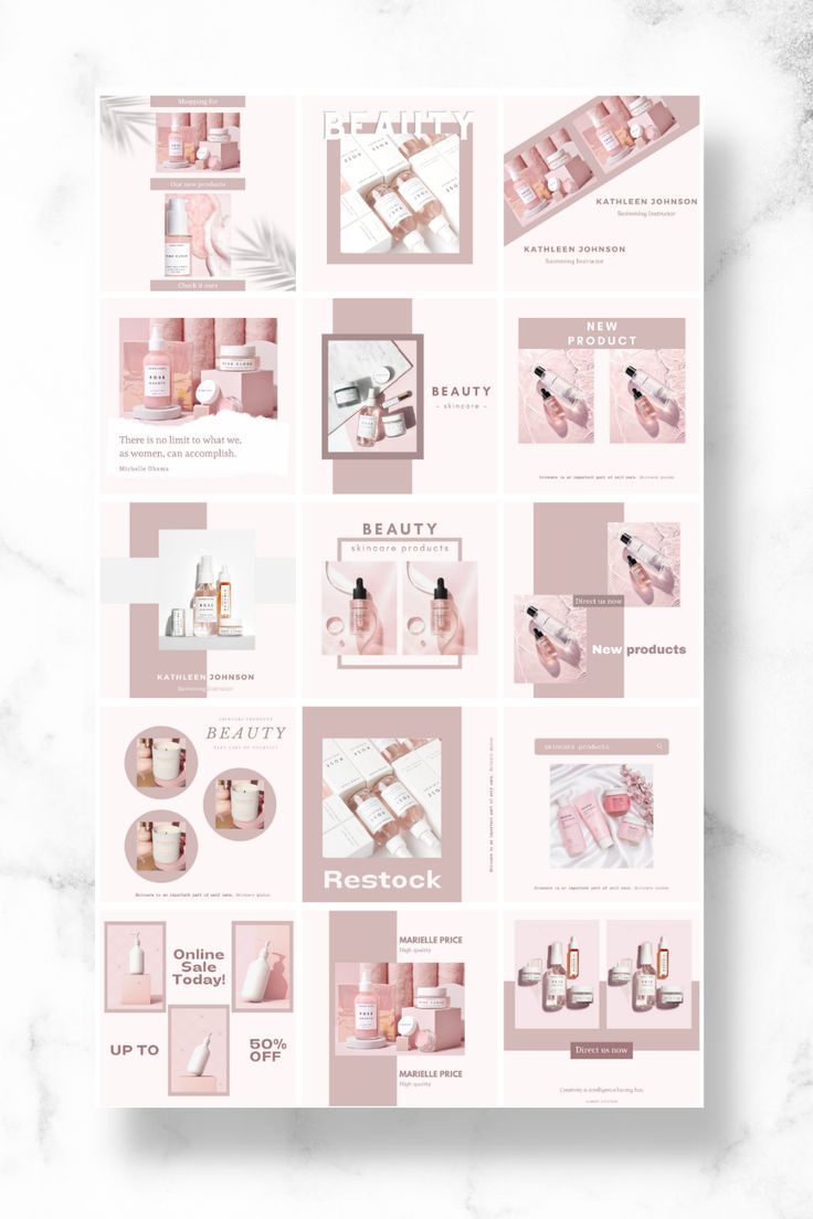 a poster with pink and white items on it